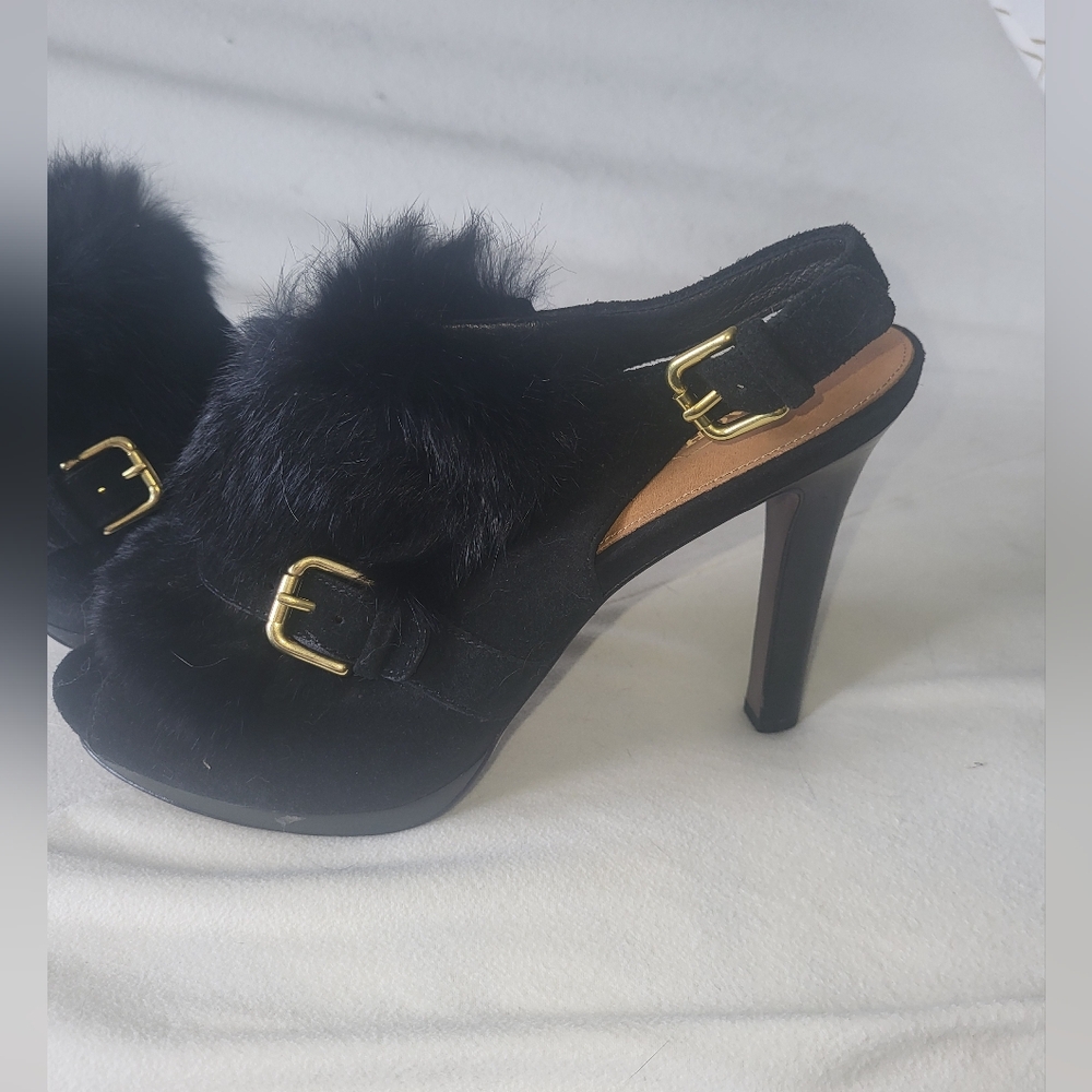 Coach Black Fur Heels with Gold Buckles